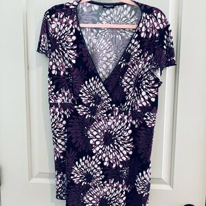 Perseption Women's Purple, Mauve & Black Floral Top - Cap Sleeve/V-Neck